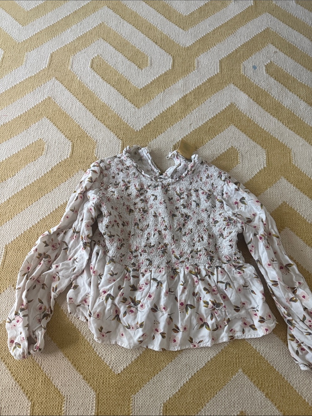 Floral Smocked Peplum Blouse - White with Pink Floral